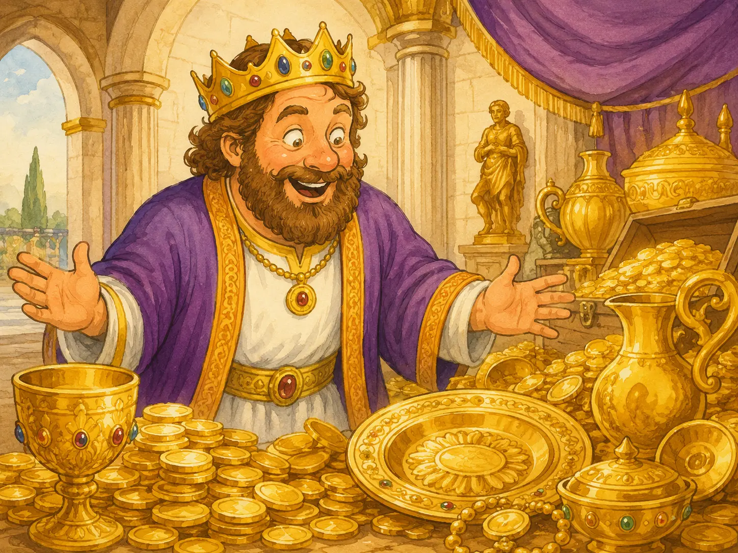 King Midas in his treasure room surrounded by gold